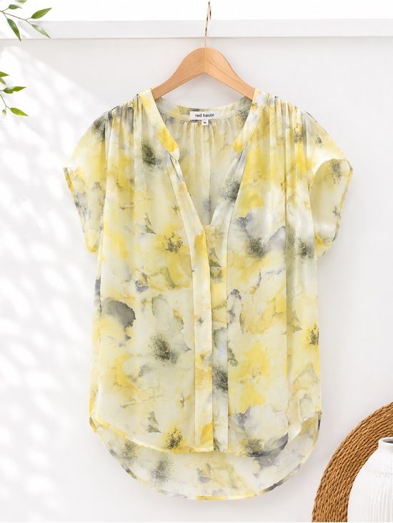 Red Haute Tops - Floral Sheer Flowy Blouse | V-Neck | Yellow Watercolor Summer Top | Medium